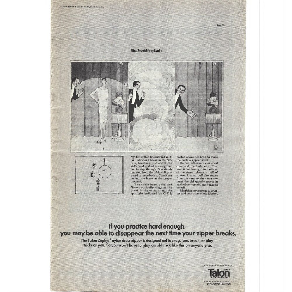 The Vanishing lady Talon Nylon Zipper advertisement 1970s Vintage Print Ad 9 in